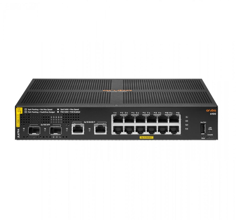 HPE Aruba 6100 12G Class4 PoE 2G/2SFP+ 139W - Managed - L3 - Gigabit Ethernet (10/100/1000) - Power over Ethernet (PoE) - Rack mounting - 1U (JL679A)