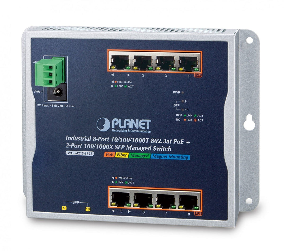 Planet WGS-4215-8P2S IP30, IPv6/IPv4, 8-Port 1000T 802.3at PoE + 2-Port 100/1000X SFP Wall-mount Managed Ethernet Switch (-40 to 75 C, PoE PD alive check and sc