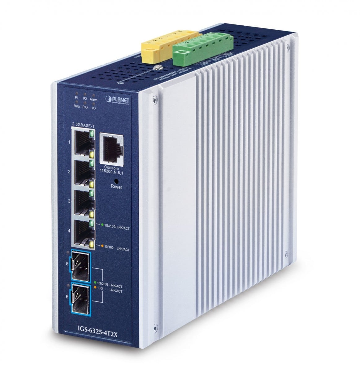 Planet IGS-6325-4T2X IP30 Industrial L3 4-Port 2.5GBASE-T + 2-Port 10GBASE-X SFP+  Managed Ethernet Switch (-40 to 75 C, dual redundant power input on 9~48VDC t