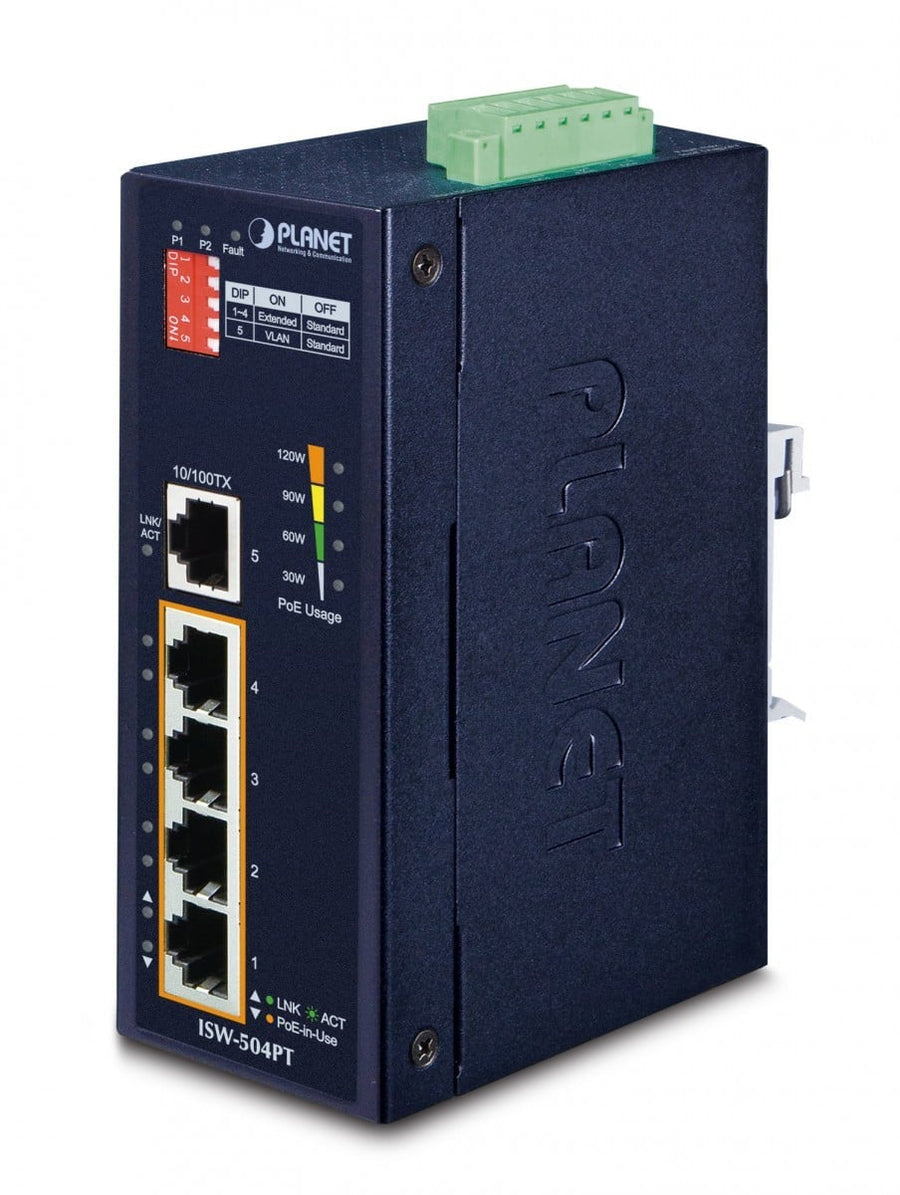 Planet ISW-504PT IP40 4-Port 10/100TX 802.3at PoE + 1-Port 10/100TX Industrial Fast Ethernet Switch (-40 to 75 C, 12V~48V DC power boost, 120W PoE budget, Stand