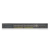 GS1920-24HPv2, 28 Port Smart Managed PoE Switch 24x Gigabit Copper PoE and 4x Gigabit dual pers., hybrid mode, standalone or NebulaFlex Cloud, 375 Watt PoE
