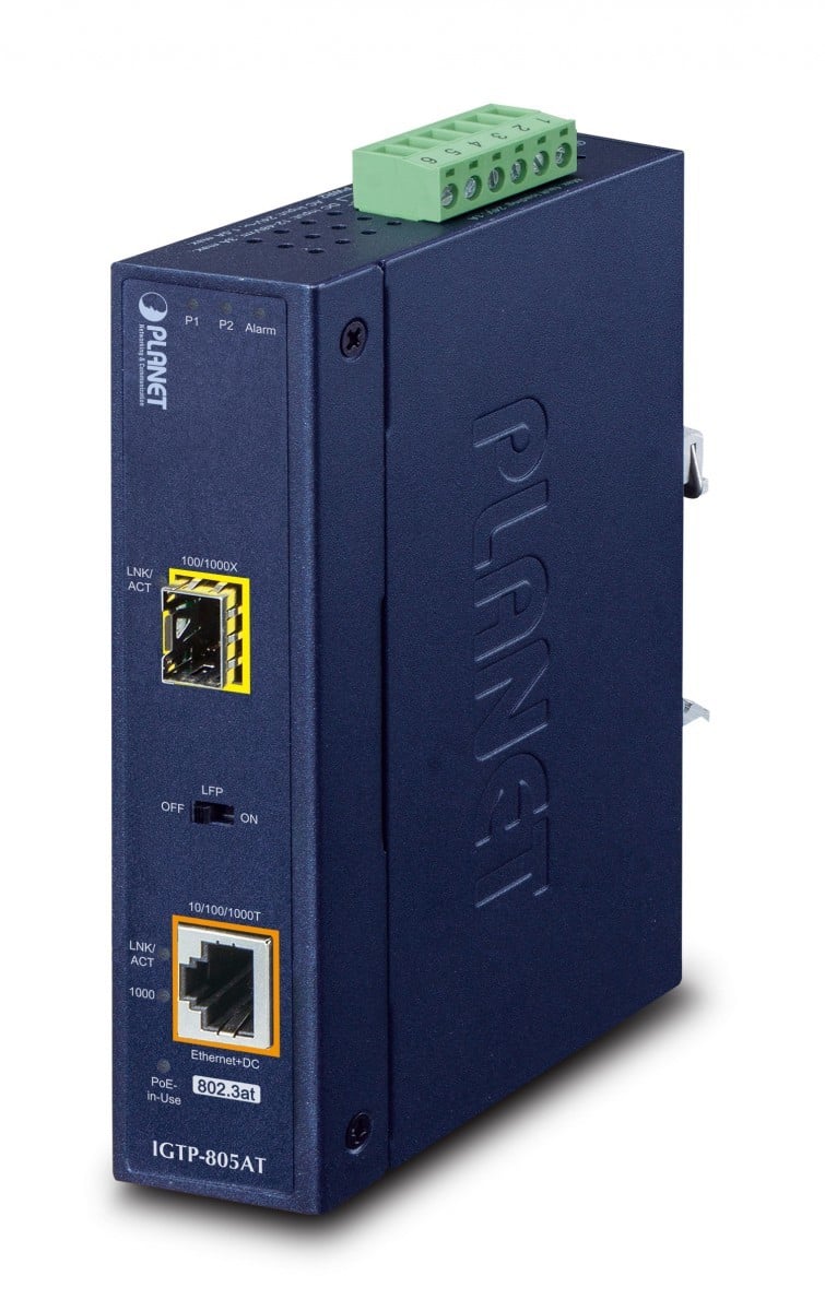 Planet IGTP-805AT IP30 Industrial 10/100/1000BASE-T to 100/1000BASE-X SFP Converter with 802.3at PoE+ (-40 to 75C, 12V~48V DC power boost, LFP Supported)