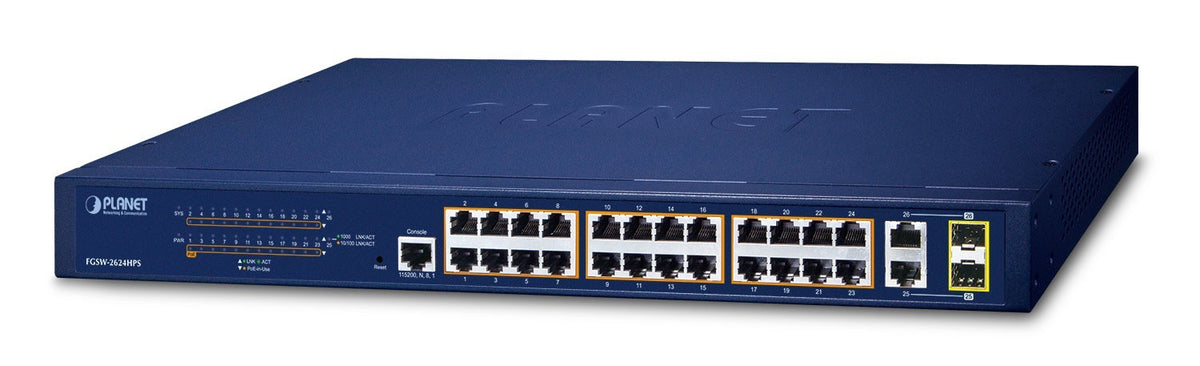 Planet FGSW-2624HPS 24-Port 10/100TX 802.3at PoE +  2-Port Gigabit TP/SFP Combo Managed Ethernet Switch (240W, 250m Extend mode, IPv4/IPv6 Management, SNMPv3, 8