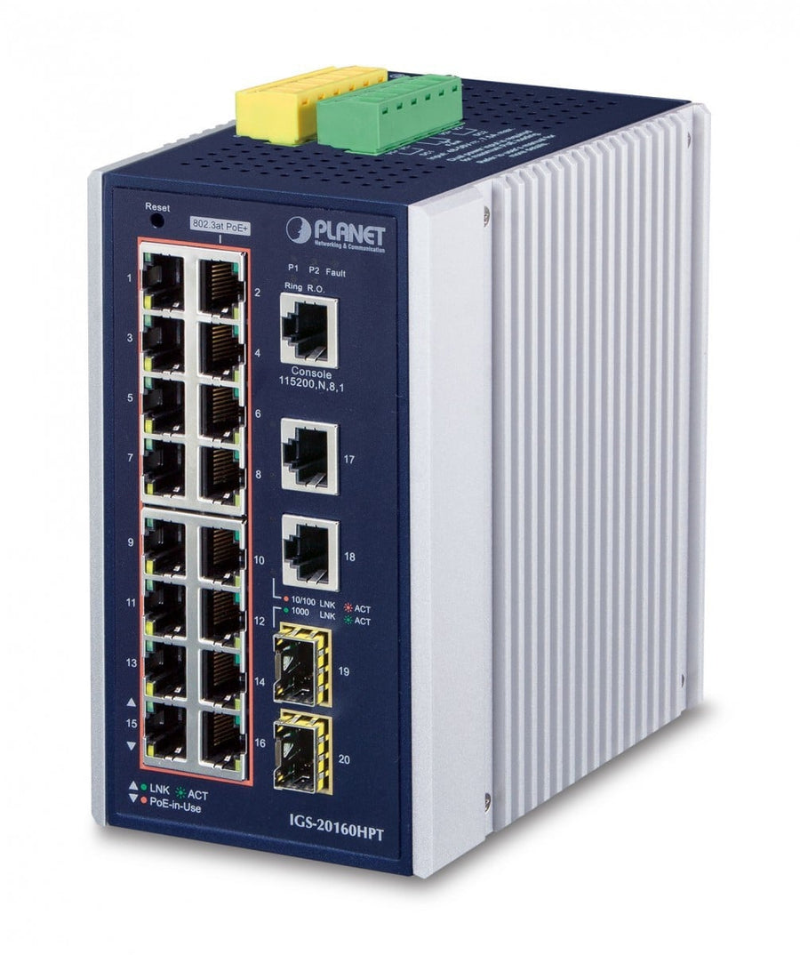 Planet IGS-20160HPT IP30 DIN-rail Industrial L3 16-Port 10/100/1000T 802.3at PoE + 2-Port 10/100/1000T + 2-port 1G/2.5G SFP Full Managed Switch (360 watts PoE b