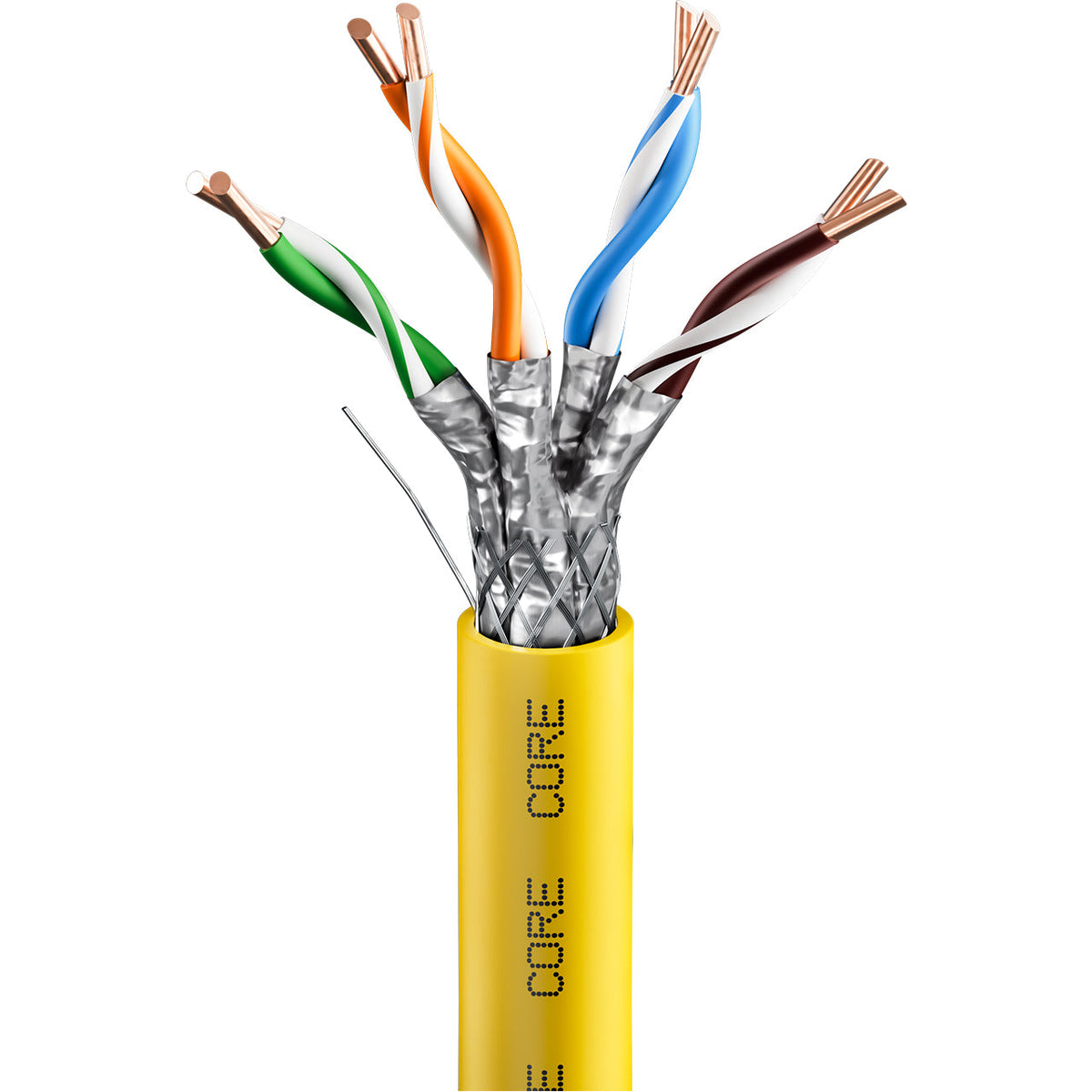 CORE CAT7A Indoor S/FTP Solid Bare Copper Cable, LSZH, 305m, 23AWG, CPR Dca, 1000MHz — Yellow