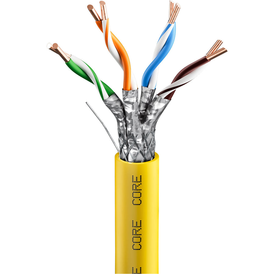 CORE CAT7A Indoor S/FTP Solid Bare Copper Cable, LSZH, 305m, 23AWG, CPR Dca, 1000MHz — Yellow