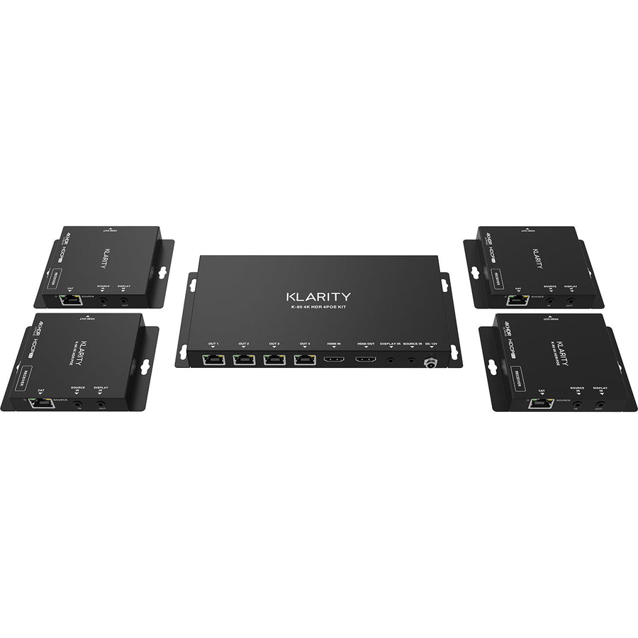 Klarity 90m 4K60 4:4:4 HDR 10bit, HDCP 2.2, 18G HDMI 2.0 PoE Extender 4-Way Splitter Kit
