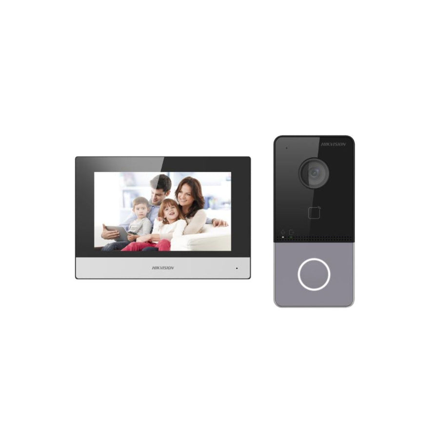 Hikvision IP PoE Intercom Kit: 2MP Plastic Door Station with Card Reader & 7" Touch Screen (System can be Wired or WiFi) — Black