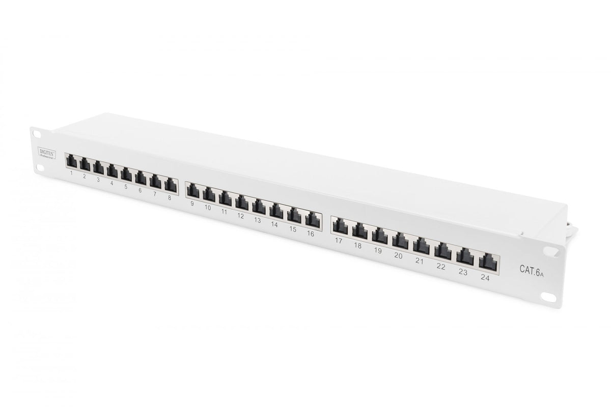 CAT 6A Patch Panel, shielded, 1U, 24-port, 8P8C, grey, 483 mm (19")