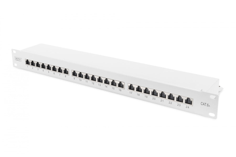 CAT 6A Patch Panel, shielded, 1U, 24-port, 8P8C, grey, 483 mm (19")