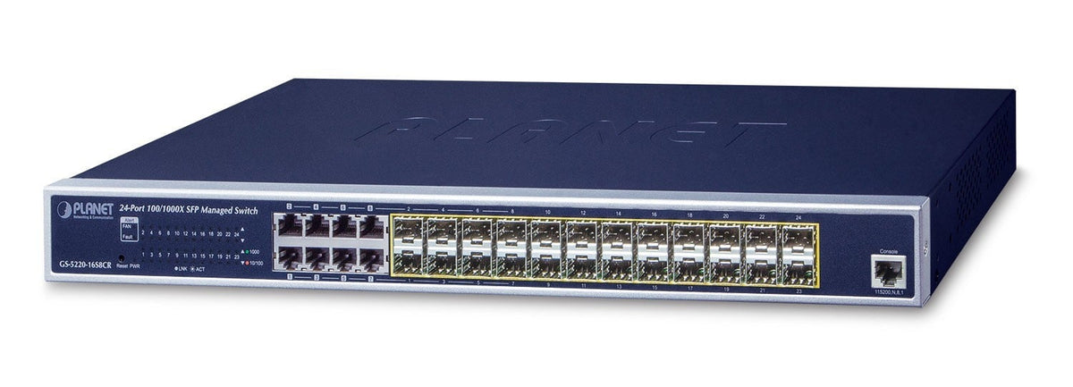 Planet GS-5220-16S8CR L2+/L4 24-Port 100/1000X SFP with 8 Shared TP Managed Switches, with Hardware Layer3 IPv4/IPv6 Static Routing, W/ 48V Redundant Power