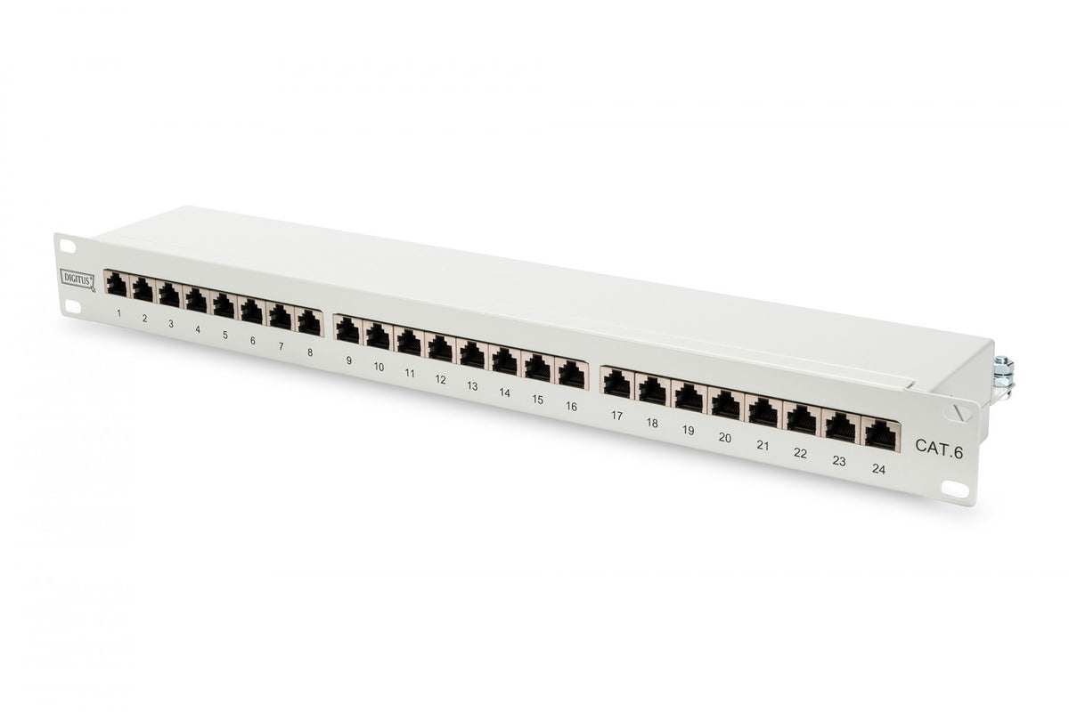 CAT 6 patch panel, shielded, 24-port RJ45, 8P8C, LSA, 1U, rack mount, grey, 482x44x109 mm