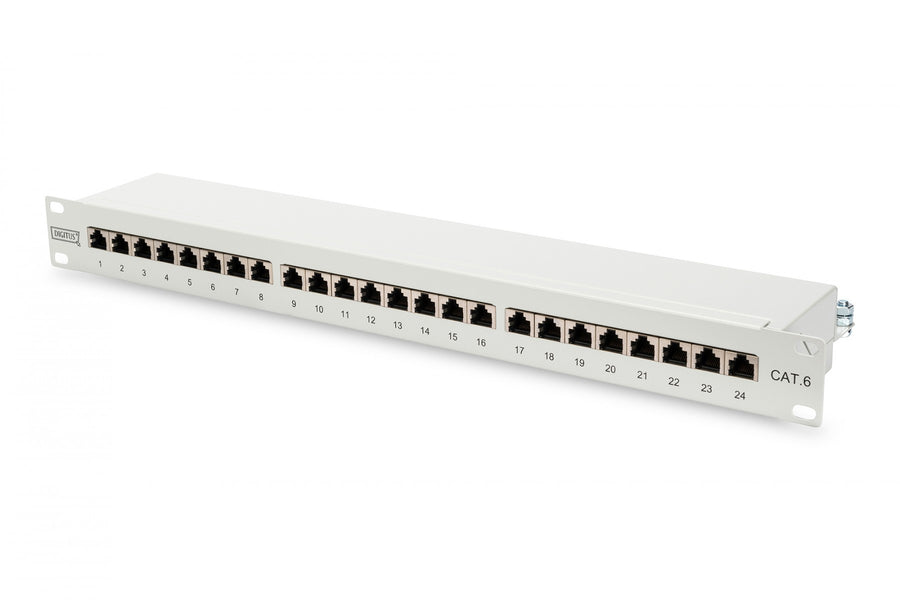 CAT 6 patch panel, shielded, 24-port RJ45, 8P8C, LSA, 1U, rack mount, grey, 482x44x109 mm