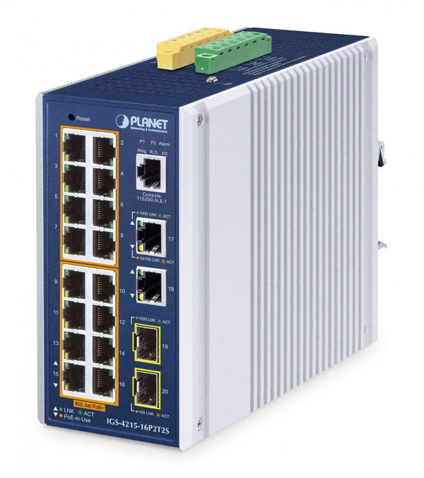 Planet IGS-4215-16P2T2S IP30 Industrial L2/L4 16-Port 10/100/1000T 802.3at PoE + 2-Port 10/100/1000T + 2-Port 100/1000X SFP Managed Switch (320 watts PoE budget