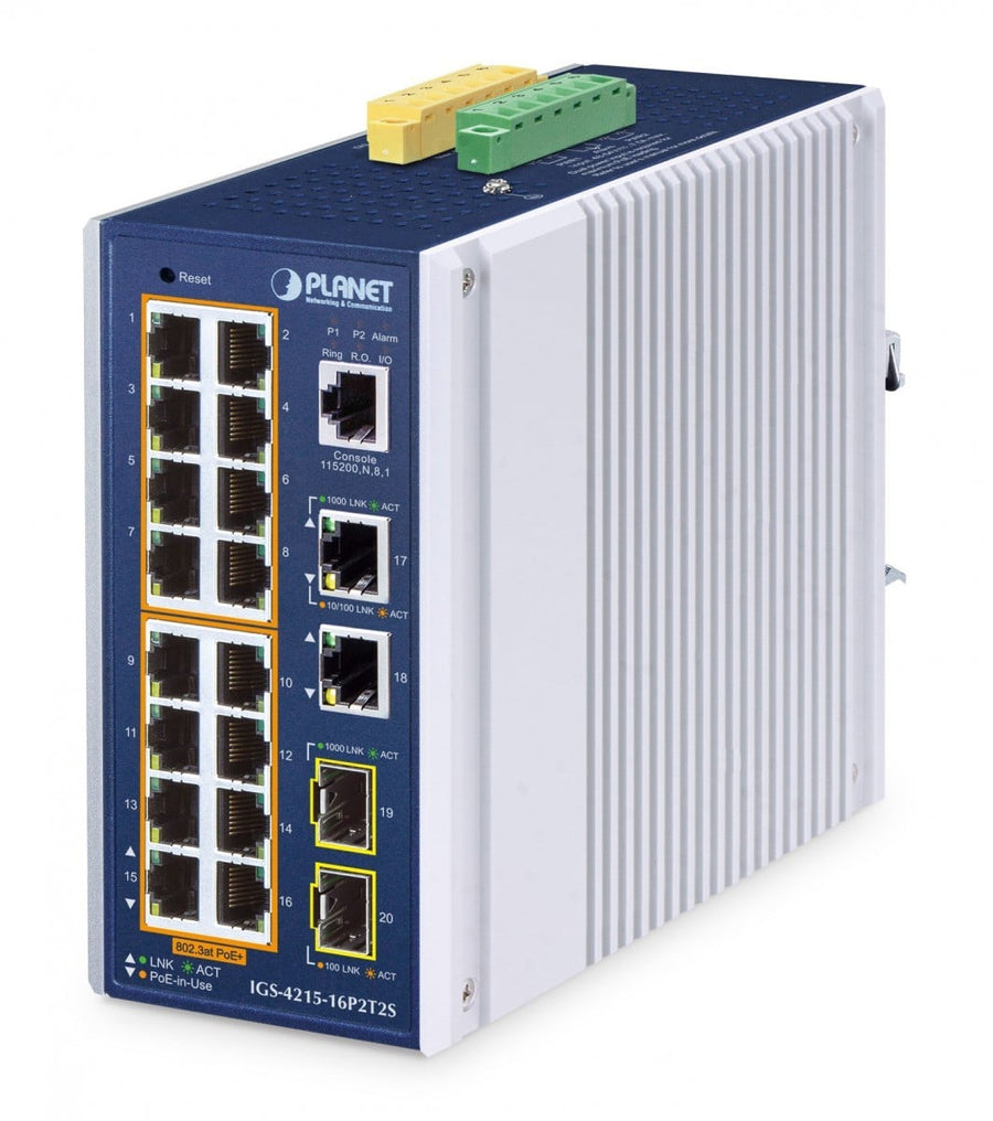 Planet IGS-4215-16P2T2S IP30 Industrial L2/L4 16-Port 10/100/1000T 802.3at PoE + 2-Port 10/100/1000T + 2-Port 100/1000X SFP Managed Switch (320 watts PoE budget