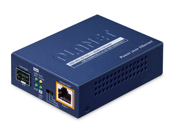 Planet GUP-805A-60W 1-Port 100/1000X SFP to 1-Port 10/100/1000T 802.3bt PoE++ Media Converter (60W 802.3bt Type-3/UPoE/Legacy mode support via DIP switch, compa