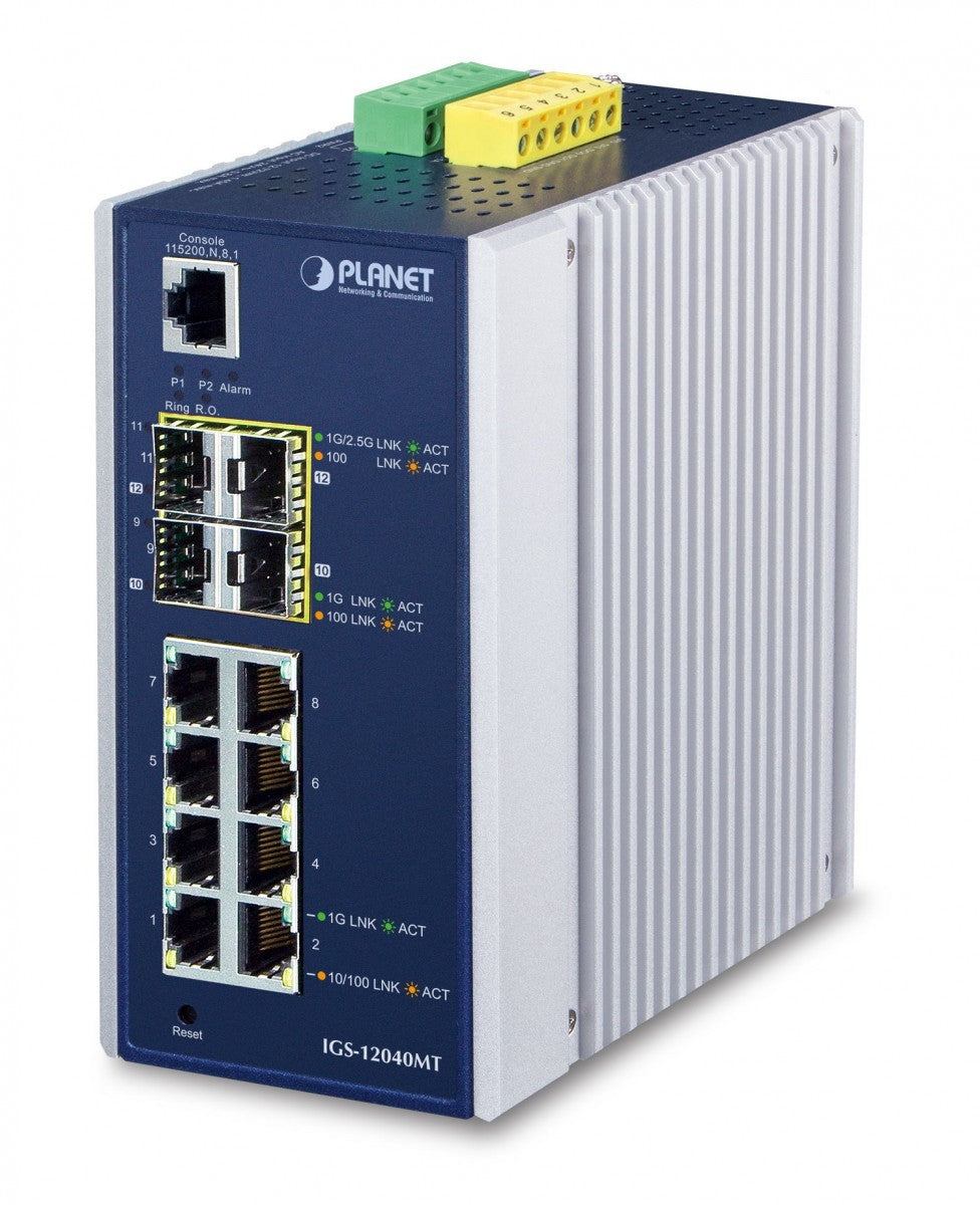 Planet IGS-12040MT IP30 Industrial 8* 10/100/1000TP + 2* 100/1G SFP + 2*100/1G/2.5G SFP Full Managed Ethernet Switch (-40 to 75 C, dual redundant power input on