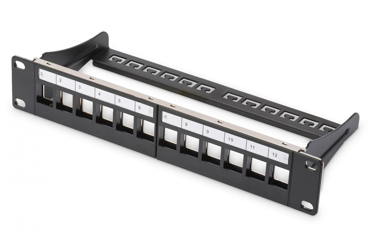 Modular Patch Panel, shielded, 12-Port Blank,1U,254mm (10") Rack Mount, black RAL 9005