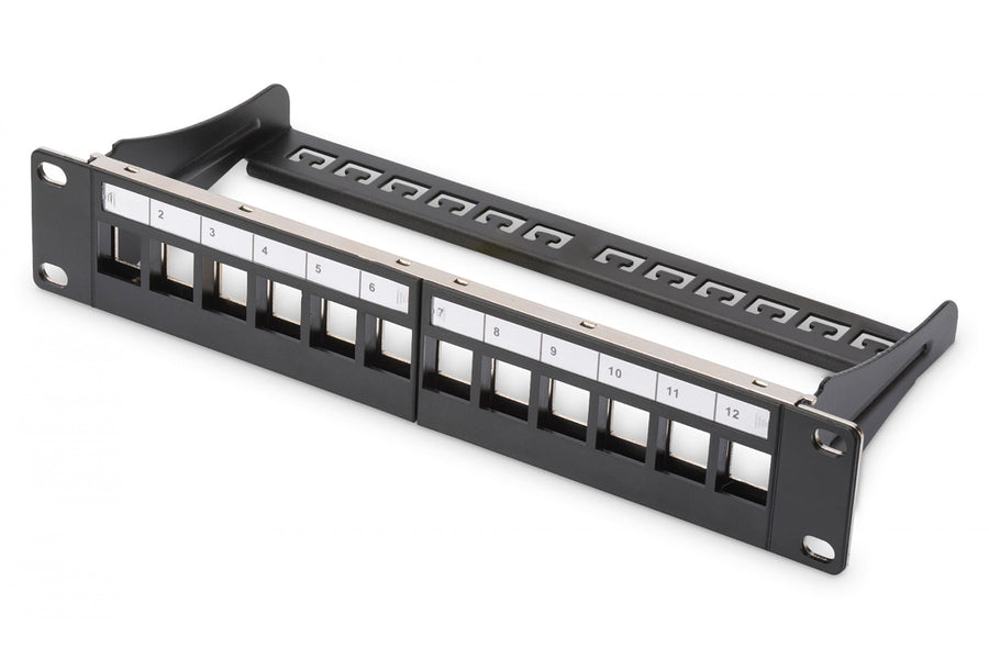 Modular Patch Panel, shielded, 12-Port Blank,1U,254mm (10") Rack Mount, black RAL 9005