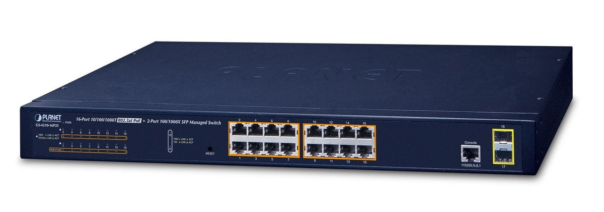 Planet GS-4210-16P2S IPv6/IPv4, 16-Port Managed 802.3at PoE+ Gigabit Ethernet Switch + 2-Port 100/1000X SFP (220W PoE budget, supports ERPS Ring, CloudViewer ap