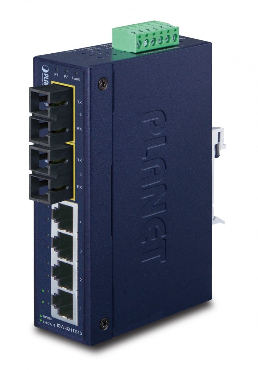 Planet ISW-621TS15 IP30 Slim Type 4-Port Industrial Ethernet Switch + 2-Port 100Base-FX(15KM) (-40 - 75 C)