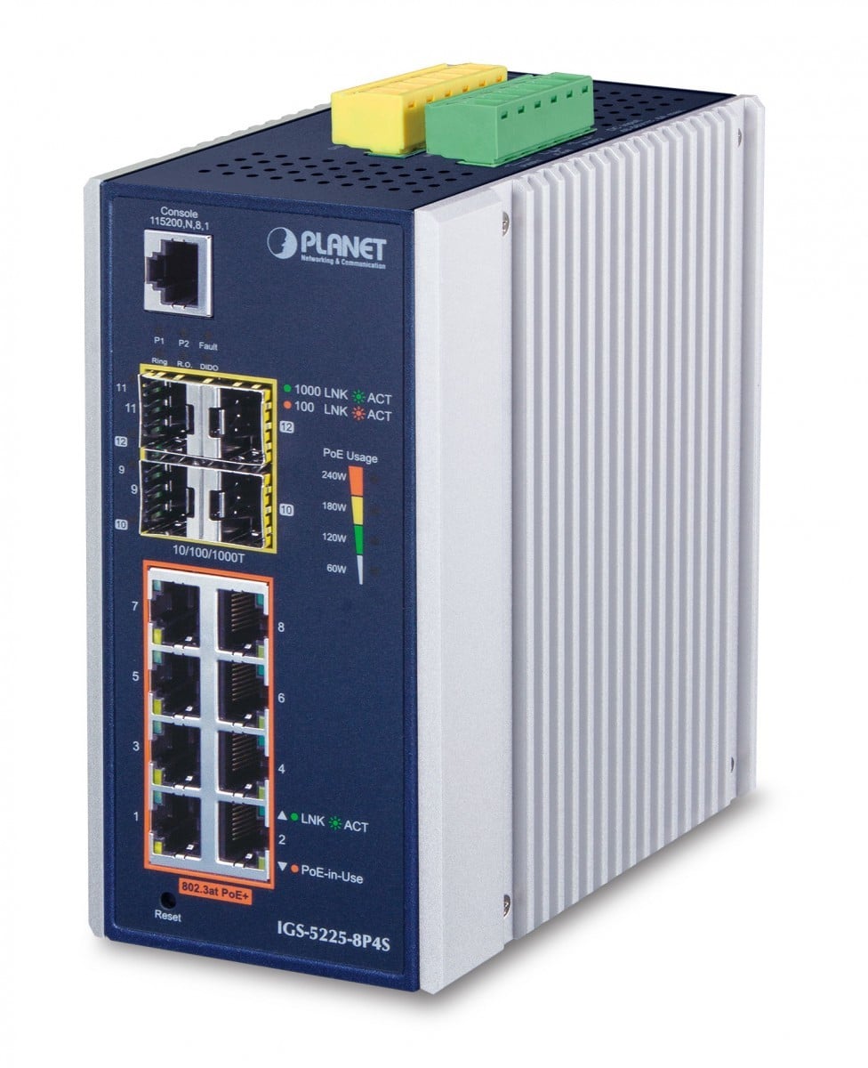 Planet IGS-5225-8P4S IP30 Industrial L2+/L4 8-Port 1000T 802.3at PoE + 2-Port 100/1G SFP + 2-Port 1G/2.5G SFP Full Managed Switch (-40 to 75 C, dual redundant p