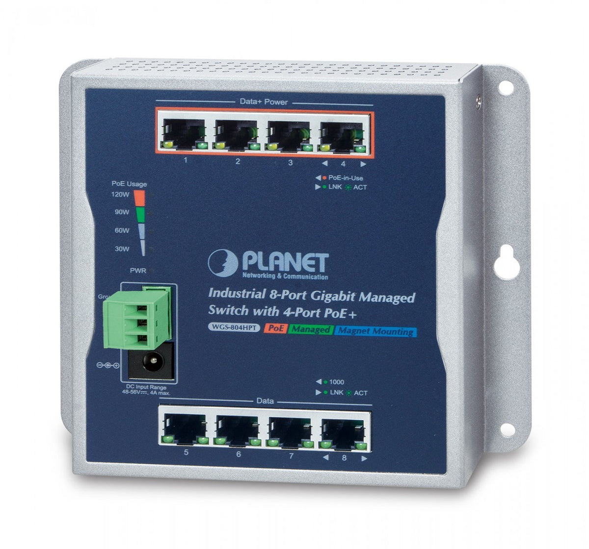 Planet WGS-804HPT IP30, IPv6/IPv4, 8-Port 1000TP Wall-mount Managed Ethernet Switch with 4-Port 802.3AT POE+ (-40 to 75 C), dual redundant power input on 48-54V